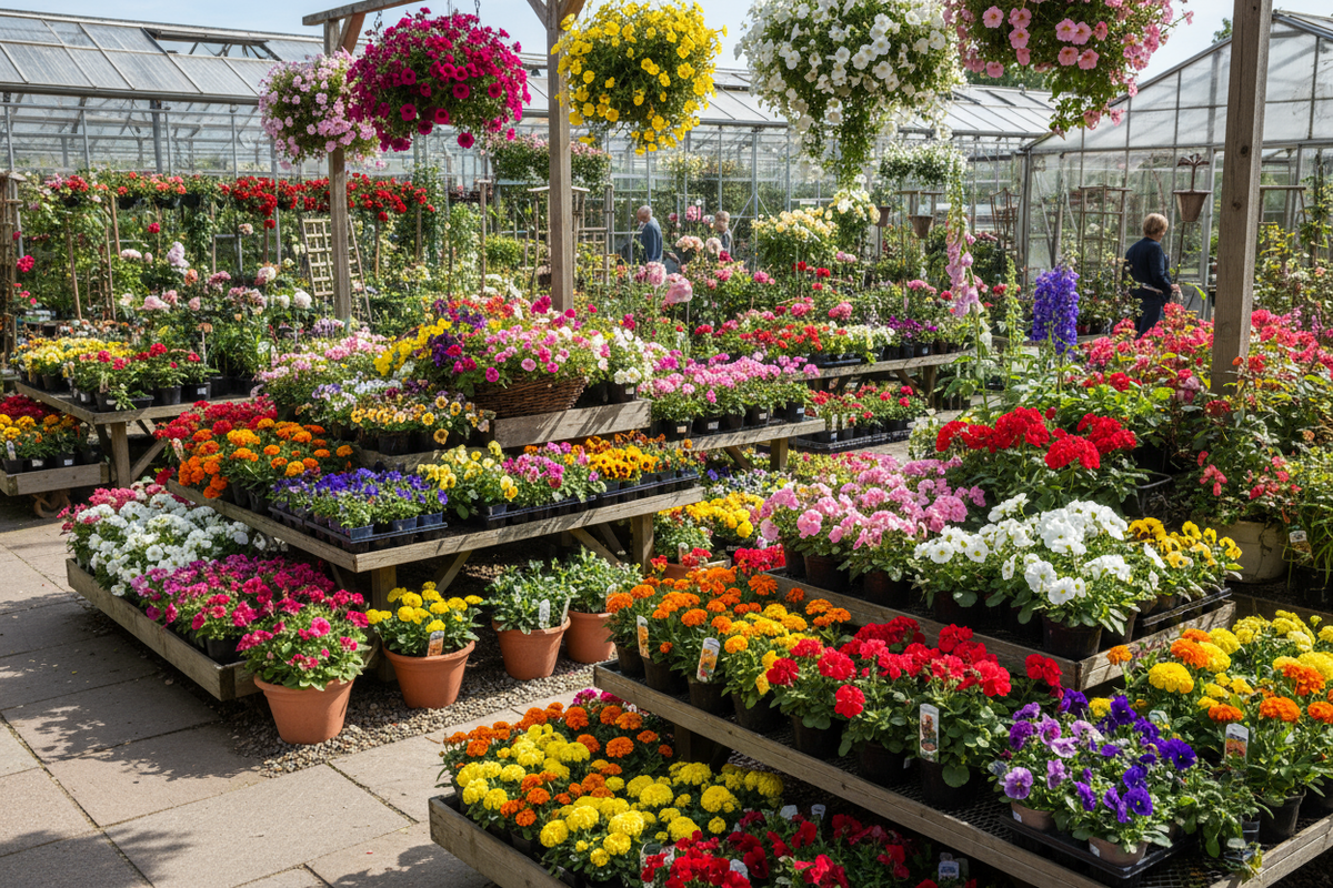 a colourful selection of outdoor garden flowers in a garden center